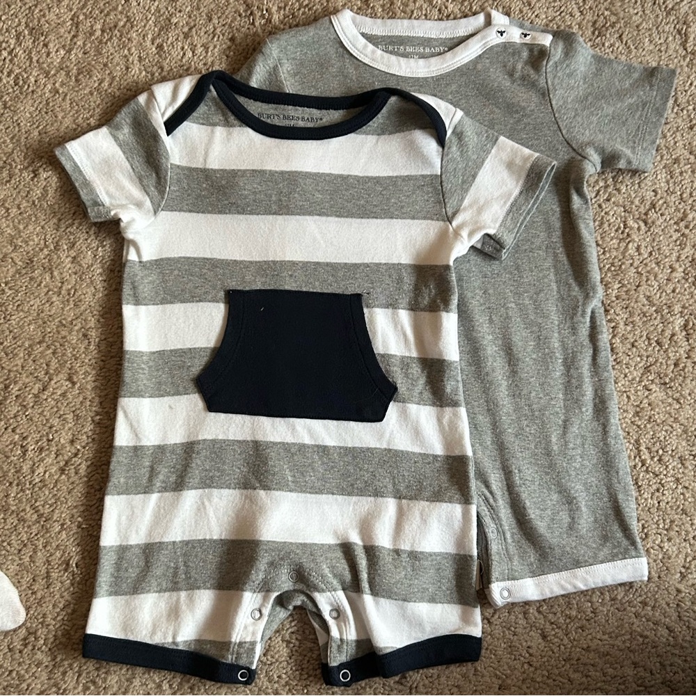 Burt's Bees Baby Gray and White Striped One Piece Set